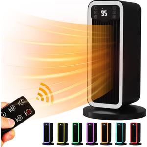Space Heater, 1500W PTC Heater with ECO Thermostat System, Oscillating 70, 12H Timer, Heaters for Indoor Use with Remote Control, 8 Color Changing Lights, Safety Features for Home Bedroom, Office