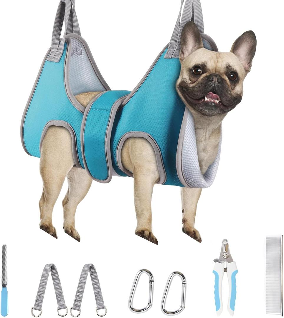 Dog Grooming Hammock, Adjustable Restraint Sling for Nail Trimming, Hands-Free Grooming Harness for Easy Bathing, Haircuts & Claw Care at Home, Blue M