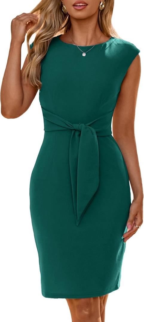 Simplee Womens Work Business Bodycon Midi Dress Elegant Fall Crew Neck Cap Sleeve Semi Formal Office Cocktail Sheath Dresses (Green, M)