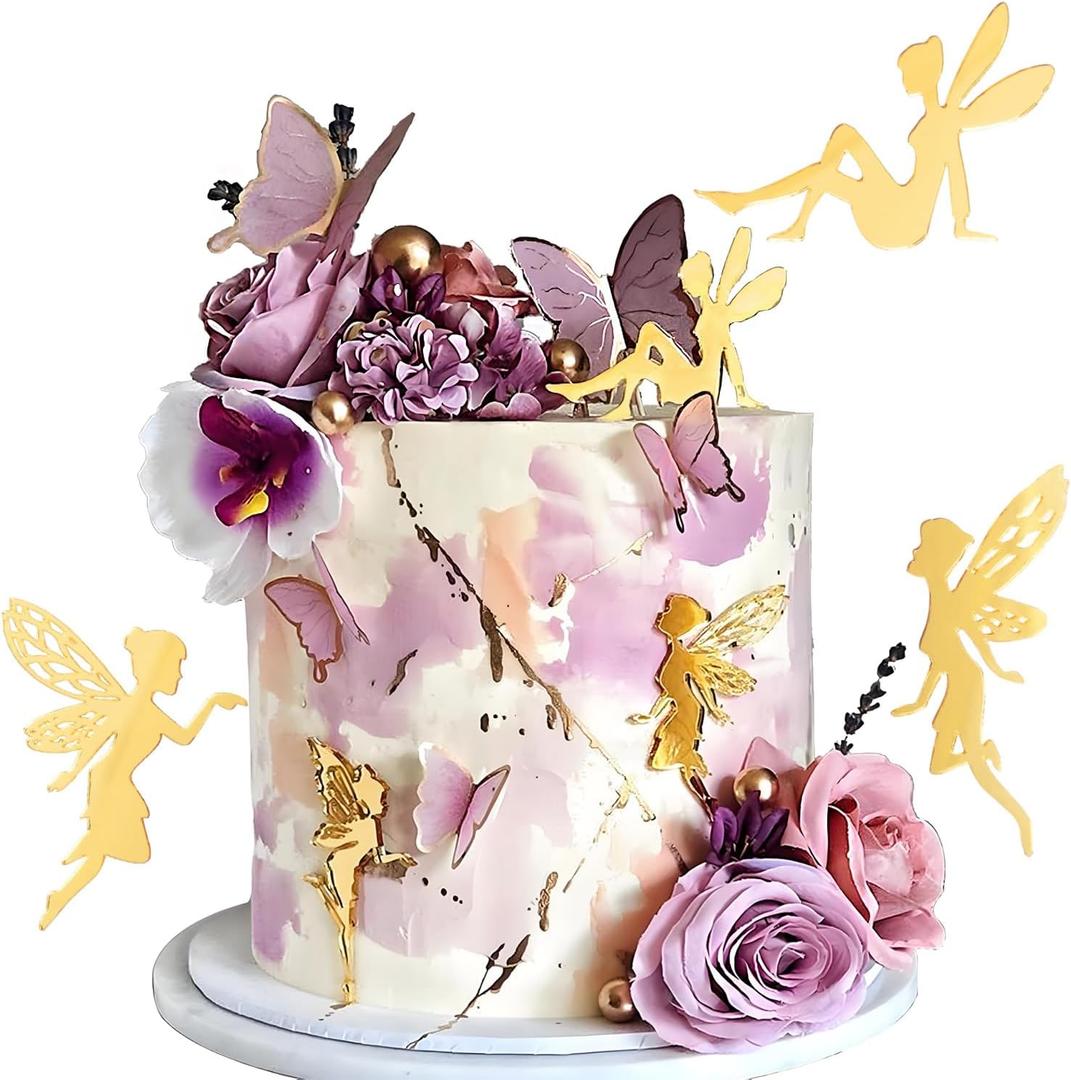12 PCS Fairy Cake Topper Acrylic Fairy Cake Decorations DIY Mirror Birthday Party Decorations Cupcake Toppers for Flower Decor Birthday Party Garden (Gold & Silver) Back to School
