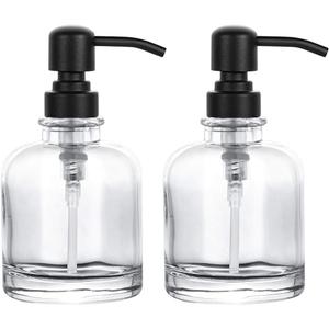 2 Pcs Thick Clear Glass Jar Hand Soap Dispenser Bathroom with Matte Black Stainless Steel Pump, 12ounce Clear Boston Round Bottle Dispenser with Rustproof Pump for Kitchen Dish