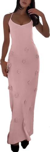 Women's Knit Maxi Dress Spaghetti Strap Floral Dresses Bodycon Knitted Beach Long Dress Backless Swim Cover up Dresses, size -M