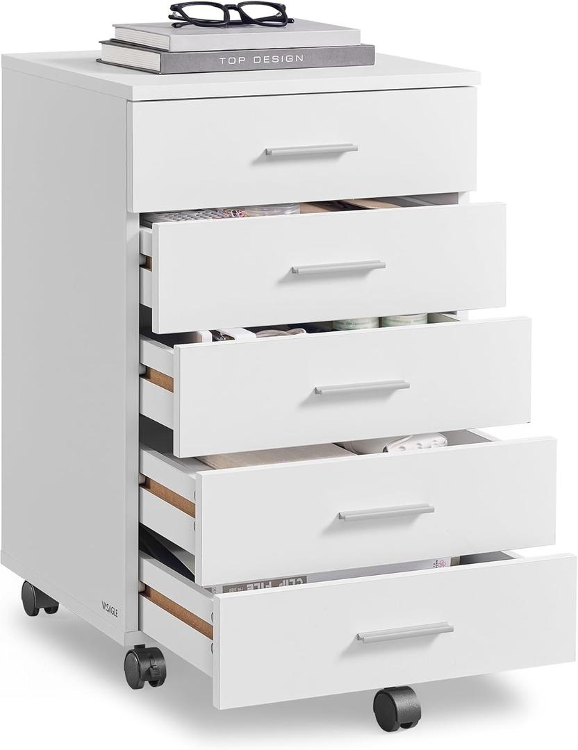 VASAGLE File Cabinet, Mobile Pedestal Filing Cabinet with Wheels, Printer Stand with 5 Drawers, Tool-Free Sliding Rails, for Study, Home Office, Cloud White UOFC081W01
