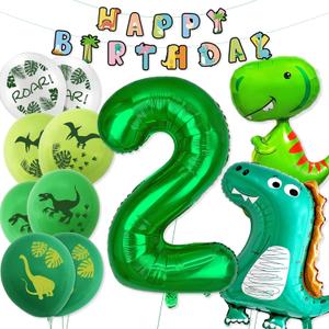 Large Dinosaur Foil Balloons, Happy Birthday Banner, Number 2 Balloon, Dinosaur Printed Latex Balloons for 2nd Birthday Party Decorations