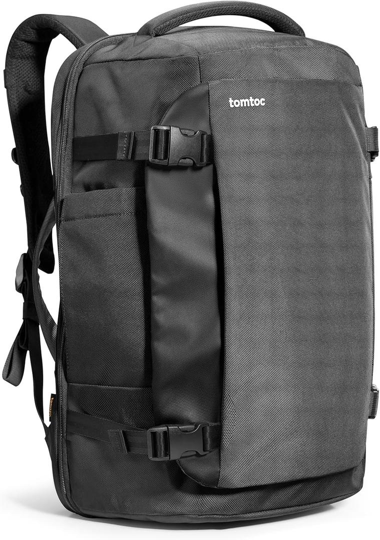tomtoc Travel Backpack 40L, TSA Friendly Flight Approved Carry-on Luggage Hand Water-resistant Lightweight Business Rucksack, Durable Large Weekender Bag Daypack Fits 17.3 Inch Laptop, PFAS Free (Black)