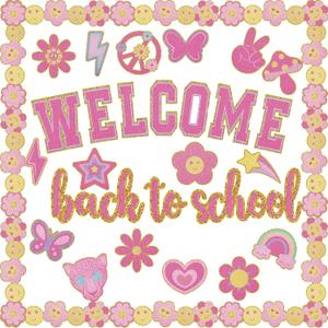 2 x Karenhi 108 Pcs Preppy Welcome Back to School Bulletin Board Set Smile Face Daisy Classroom Borders Groovy Colorful Preppy Face Paper Cutouts for Back to School Classroom Chalkboard Wall Door Decor