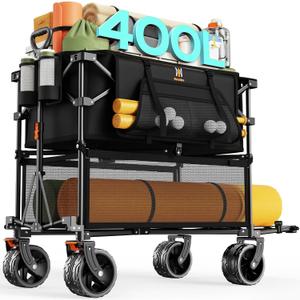 Navatiee 400L Double Decker Wagon Collapsible, 485LB Weight Capacity Heavy Duty Foldable Large Beach Wagon with Big All-Terrain Wheels, Folding Utility Cart for Sports, Camping, Outdoor, Black