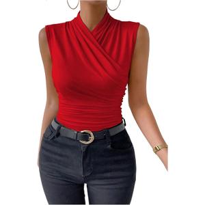 SweatyRocks Women's Ruched Wrap Mock Neck Tank Tops Casual Sleeveless Solid Slim Fit Tank Top (Medium, Red)