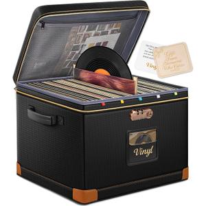 DEEGO Vinyl Record Storage Box with Lock, Fireproof & Water-Resistant Record Album Storage for 150+ 12-Inch LPs, Sturdy Record Case with Side & Bottom Support Panels, Gifts for Record Collectors
