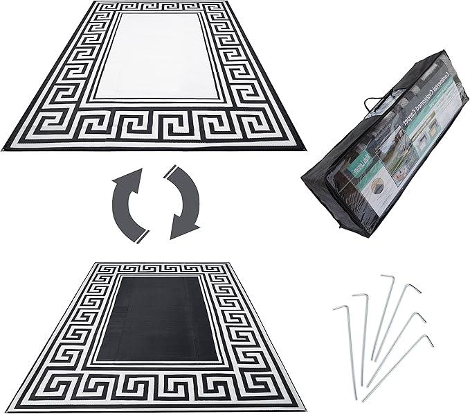 Reversible Rugs Mats, 9x18ft Outdoor Plastic Straw Rug Waterproof for RV, Patio, Garden, Balcony, Backyard, Deck, Picnic, Beach, Camping (New Grecian Complete Kit, Silver)