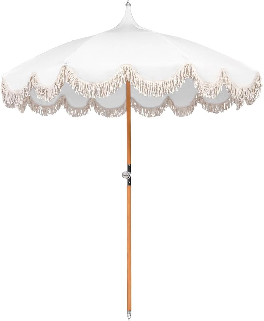 6.5ft Pagoda Beach Umbrella with Fringe, UPF 50+ Boho Umbrellas with Carry Bag, Premium Wood Pole Foldable Tassel Umbrella for Outdoor Garden Lawn Pool Yard Table (White)