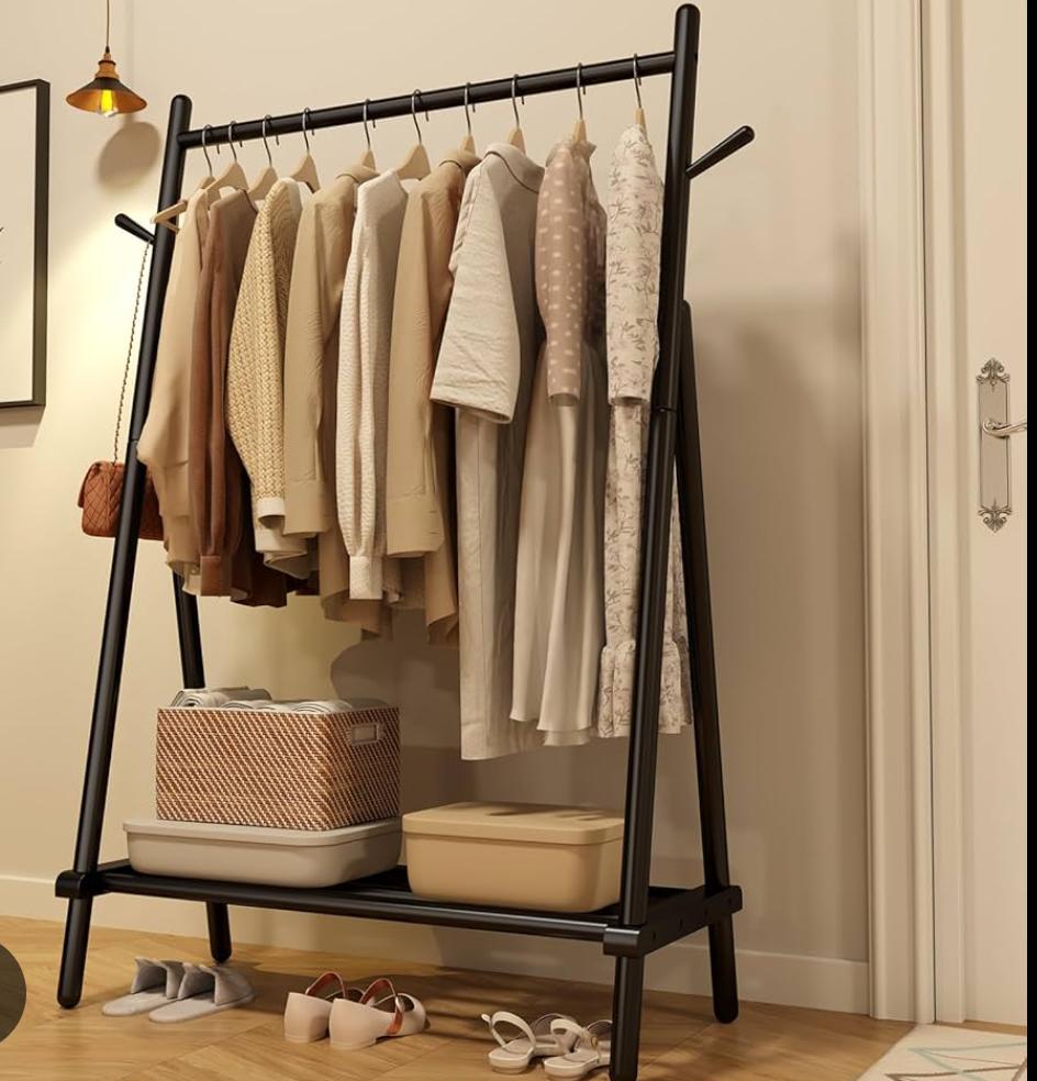 KASLANDI Solid Wood Clothes Rack, Clothing Rack with Shelf and Hook, Sturdy and Portable, Garment Rack for Hanging Clothes,Coats,Skirts,Shoes,Bags,Easy to Assemble (Black)