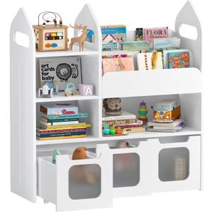 Toy Storage Organizer with 3 Movable Drawers and 3 Storage Cubby, 33.5" H Kids Bookshelf and Toy StorageBook Shelf for Kids Room, Nursery, Playroom, Bedroom, White (Large)