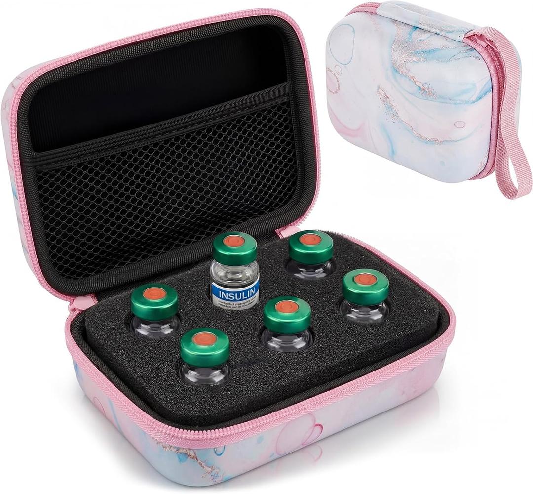 Teenyyou 6 Slots Insulin Peptide Fridge Carrying Case Marble Vial Holder Storage Protector Bag, Fits Standard 10ml Vials, Insulin Cooler Travel Kits Case Organizer Diabetes Protector(Pink)
