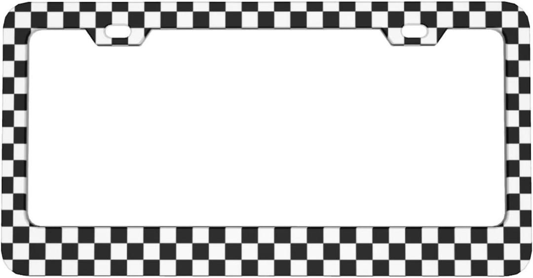 Black and White Checkerboard License Plate Frame, Car Tag Frame Aluminum Auto Decorative License Plate Holder for Men Women (2 Holes & Screws, 6 X 12 in)