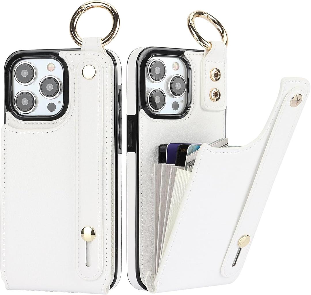Folosu for iPhone 15 Pro Max Wallet Case with Card Holder, Hand Wrist Strap Loop Holder Kickstand, RFID Blocking Finger Grip Ring PU Leather Double Buttons Shockproof Cover 6.7" White
