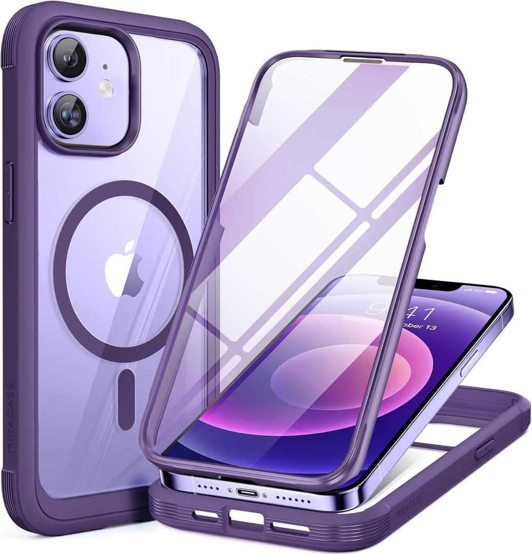 Miracase Glass Series Designed for iPhone 12/12 Pro 6.1 Inch, Upgrade Full-Body Magnetic Case with Built-in 9H Tempered Glass Screen Protector, with Camera Lens Protector, Magnetic Purple