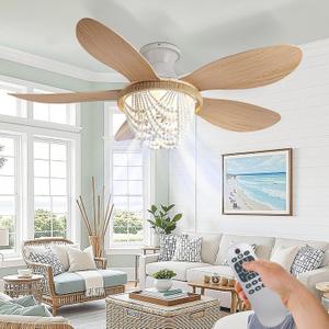 Boho Celing Fans with Lights - 52 Inch Wood Beaded Ceiling Fan with Light and Remote 6 Speeds Timing Setiing Flush Mounted for Bedroom, Living Room