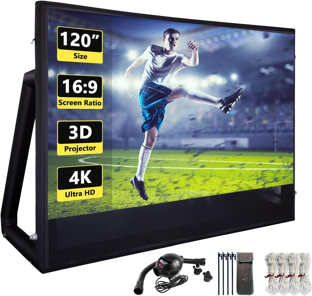 Inflatable Projector Screen I Air-Tight No-Blower Design,Made from TPU Tarpaulin, 120 inch (Equivalent to 16ft) for Indoor & Outdoor Use Backyard, Pool, Party, Camping, Movie Night Parties