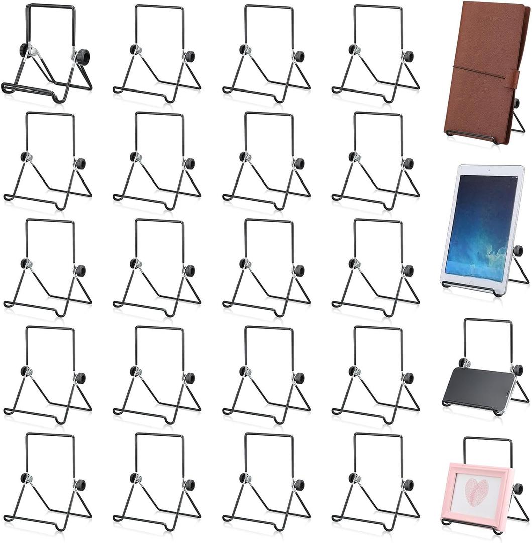 Kenning 24 Pack Adjustable Plate Stands for Display 7.1 Inch Black Metal Foldable Easel Book Display Stands Bulk Decorative Plate Holders for Platter Frame Photo Tabletop Art(Double Corners)