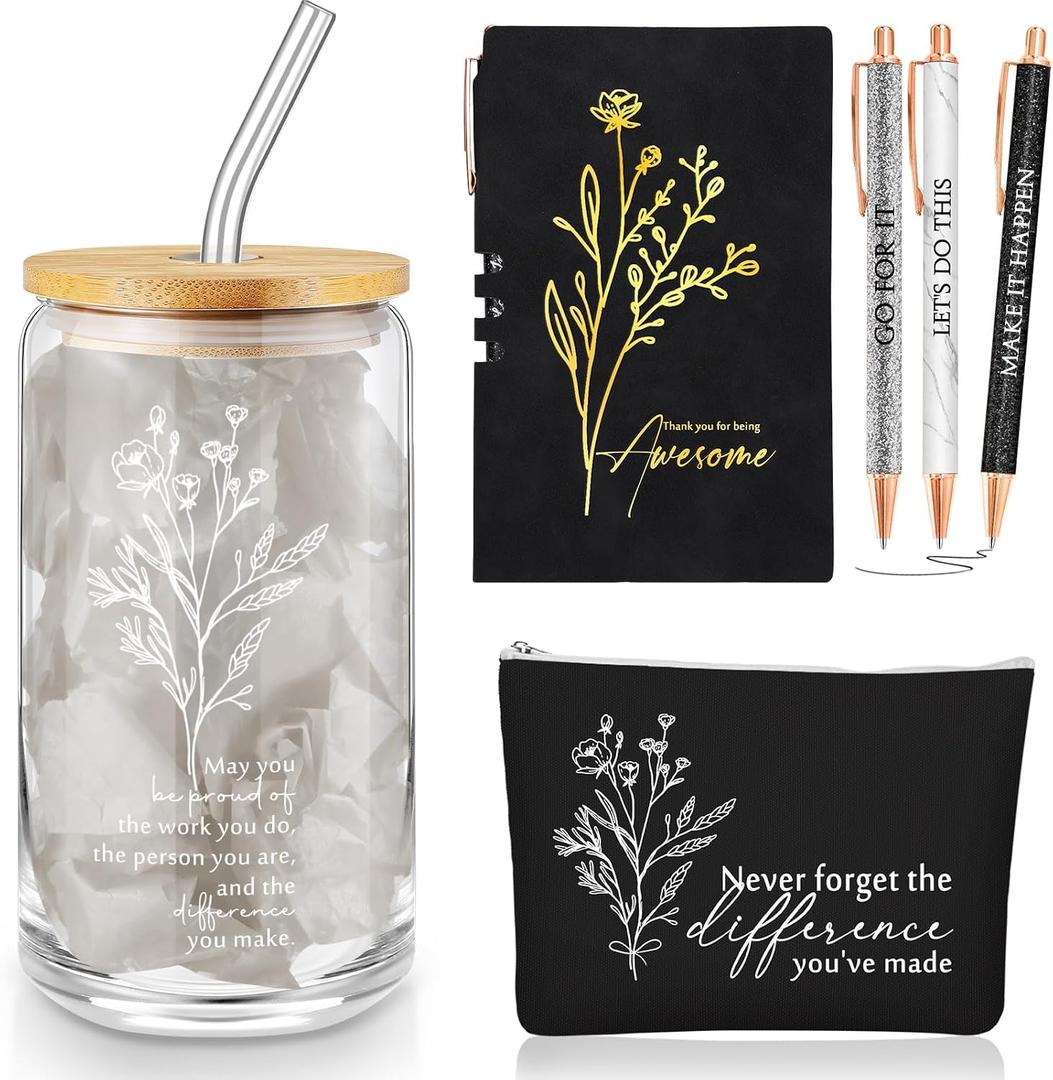 Funnymoom 6 Pcs End of Year Gifts Set 17oz Aesthetic Glass Tumbler Floral Makeup Bag Inspirational Journal Glitter Ballpoint Pens for Student Teacher Women School Staff Coworker Retirement