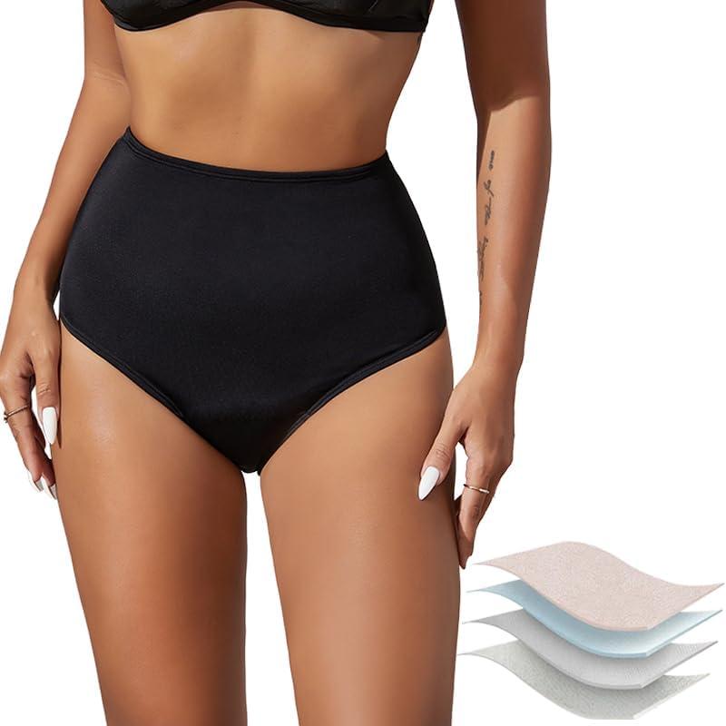 HATSURE Period Swimwear High Waisted Tummy Control Bikini Menstrual Swimsuit Bottoms Leakproof Panties for Women Girls Teens (Large, Black)