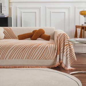 Couch Cover Soft Chenille Sofa Cover Modern Minimalist Creamy Beige Couch Cover with Abstract Terracotta Line - Washable Non Slip Sofa Slipcover Reverse 3-Seaters Sofa Protector