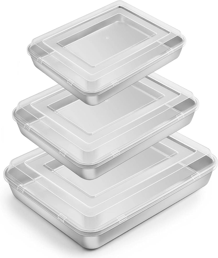 E-far Baking Pan with Lid(12.4/10.4/9.4 inch), Stainless Steel Rectangular Sheet Cake Pans with Cover, Metal Bakeware Sets for Lasagna Casseroles Brownie, Non-toxic & Dishwasher Safe - 3 Pans + 3 Lids