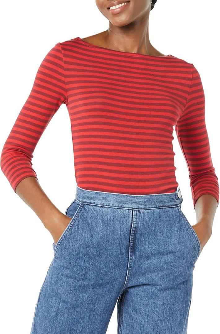 Amazon Essentials Womens Slim-Fit 3/4 Sleeve Boat Neck T-Shirt (XX-Large, Red Burgundy Stripe)