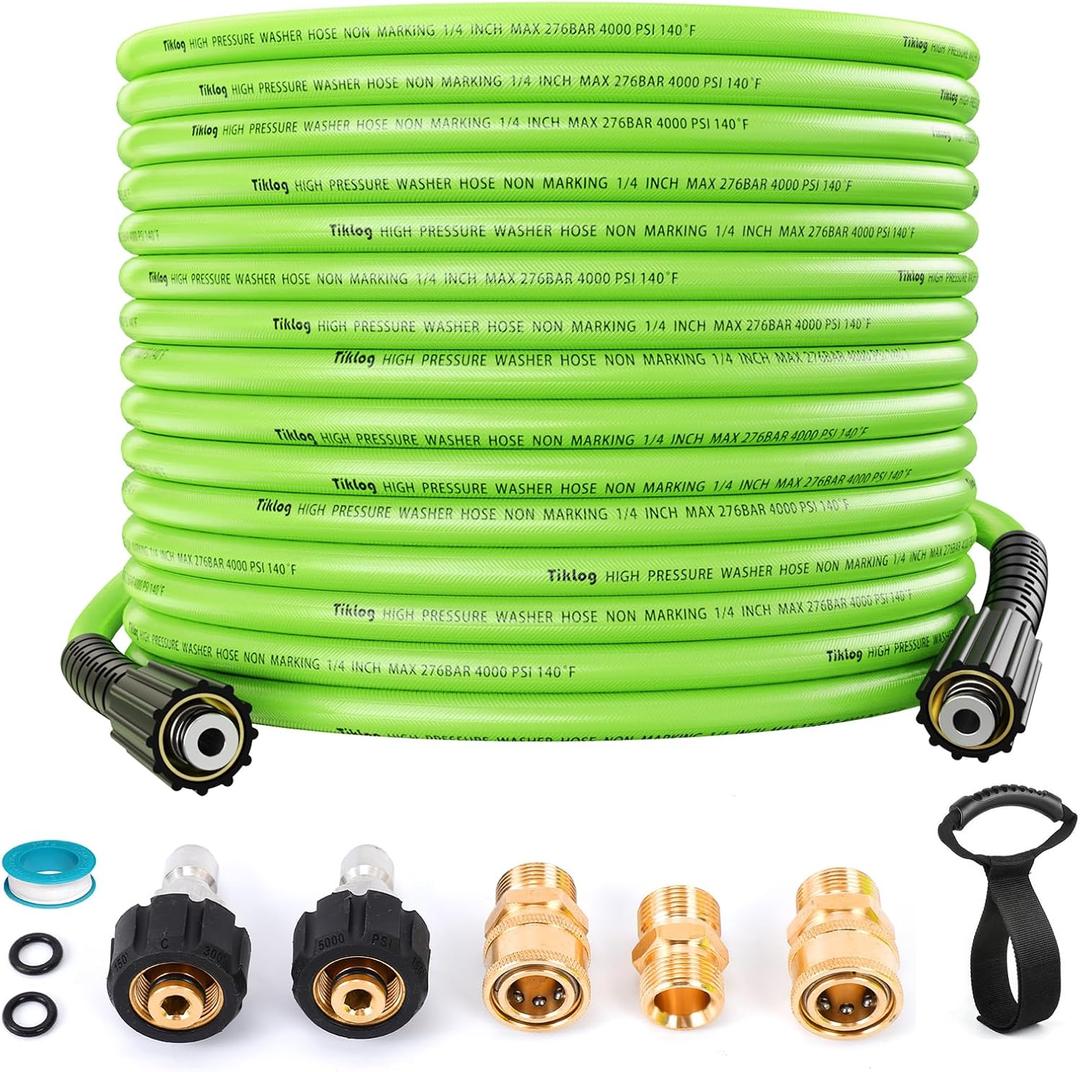 Pressure Washer Hose 50 FT 1/4, 4000 PSI Kink Resistant High Pressure Replacement Hose M22 14mm Thread, Flexible Extension Hose with 3/8 Quick Connect Adapters for Power Washing