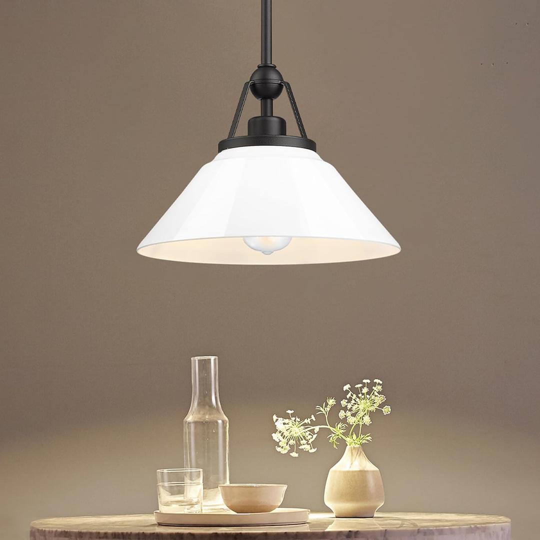 White Pendant Light Fixture, HWH Modern Kitchen Island Light Fixtures 12 Inch, 1-Light Hanging Lighting for Dinning Room Schoolhouse, Black Metal and White Opal Glass Shade, 5HYS89MIL-G BK