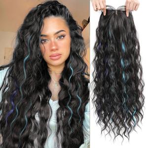 Molefi Hair Topper 26inch Long Wavy Curly Hair Topper with Bangs Synthetic Wiglets Hairpieces for Adding Volume Dark Mix Blue and Purple