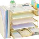 OPNICE Desk Organizer, 5-Tier Paper File Organizer with Drawer & Pen Holder, Office Desk Accessories, Workspace Desktop Organizer for Office Supplies(Gold)