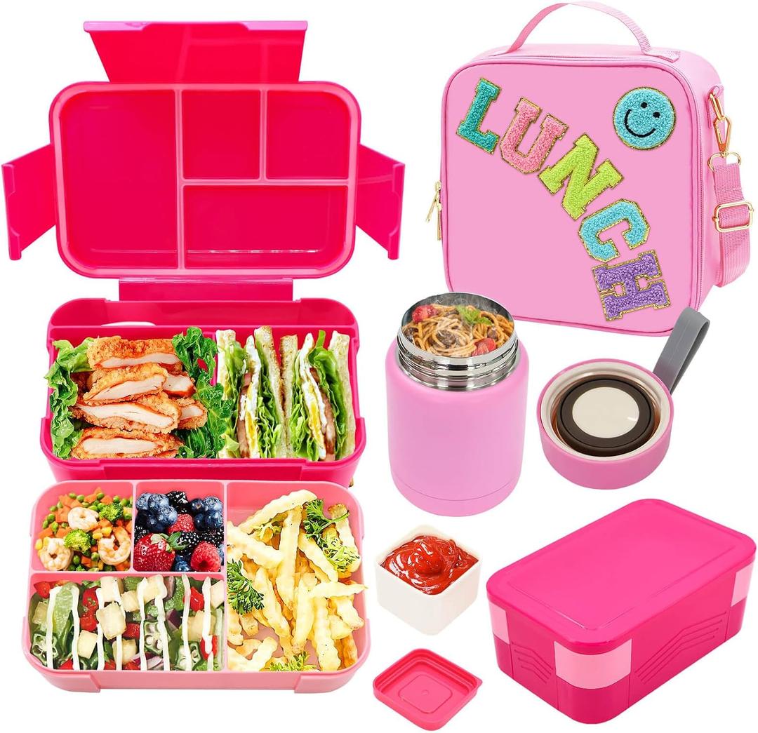 PainZieteg Pink Lunch Box for Girl with 10oz Thermo 6 Compartment Bento Set