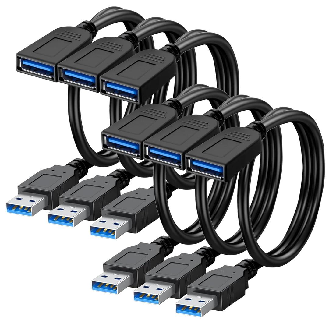 SaiTech IT 6 Pack Short Length 1 Feet USB 3.0 Extension Cable, USB 3.0 A Male to Female Extender - Black