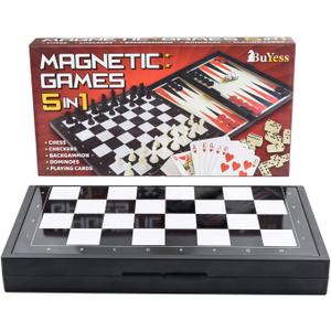 5 in 1 Magnetic Chess Checkers Dominoes Backgammon and Cards Set, Mini Travel Size Multi Board Games