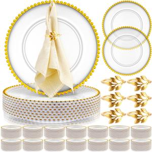 Bokon 50 Set Clear Charger Plates Bulk 13 Inch Beaded Plastic Charger Plates with Napkin Rings Acrylic Round Dinner Table Decorative Plates for Party Wedding Thanksgiving(Clear and Gold)