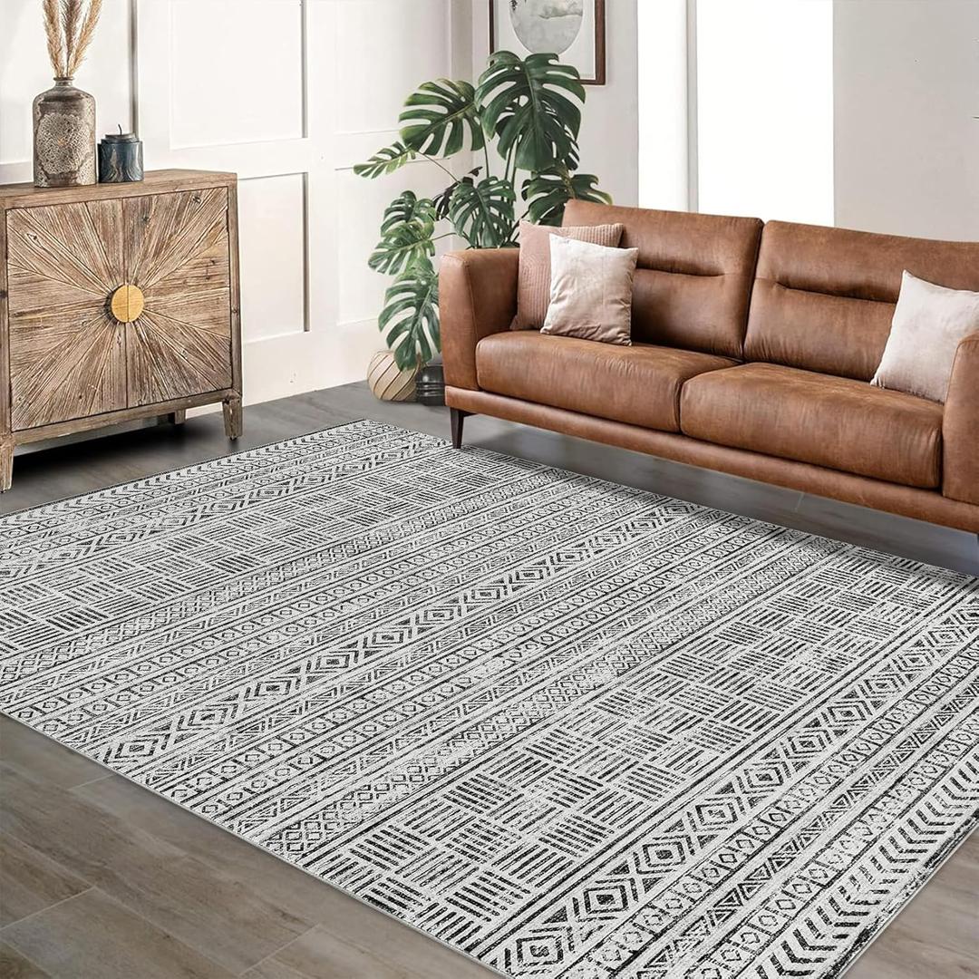 Area Rug 8'x10' Boho Textured Design Living Room Non Slip Low-Pile Soft Tribal Print Bedroom Rug Stain Resistant Playroom Carpet Office Grey