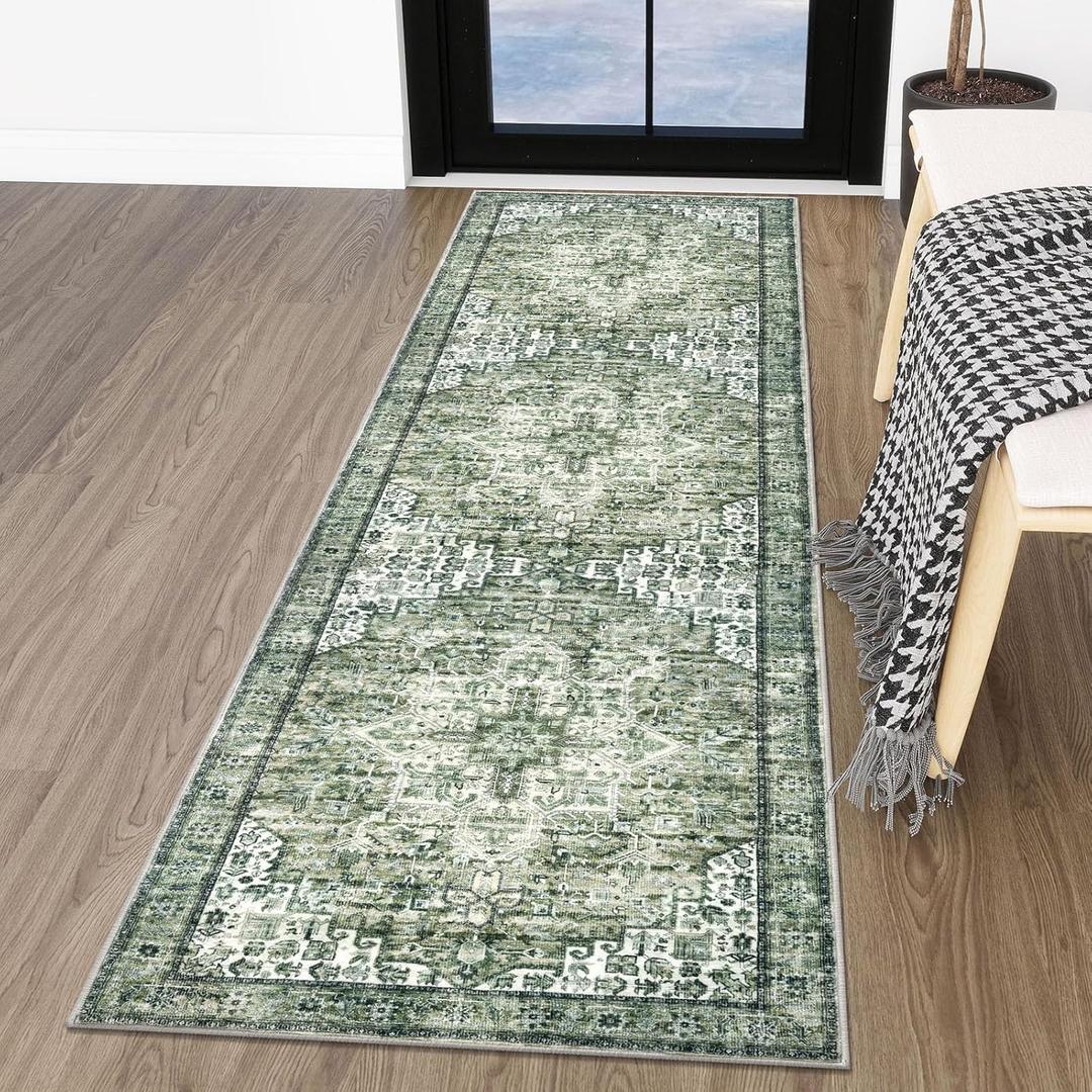 SIILOOM 2x7 Runner for Hallways, Green Non-Slip Washable Kitchen Runners, Vintage Boho Runner Printed Rug with Non-Shedding, Soft Medallion Floor Carpet Rugs for Laundry Bedroom Entryway