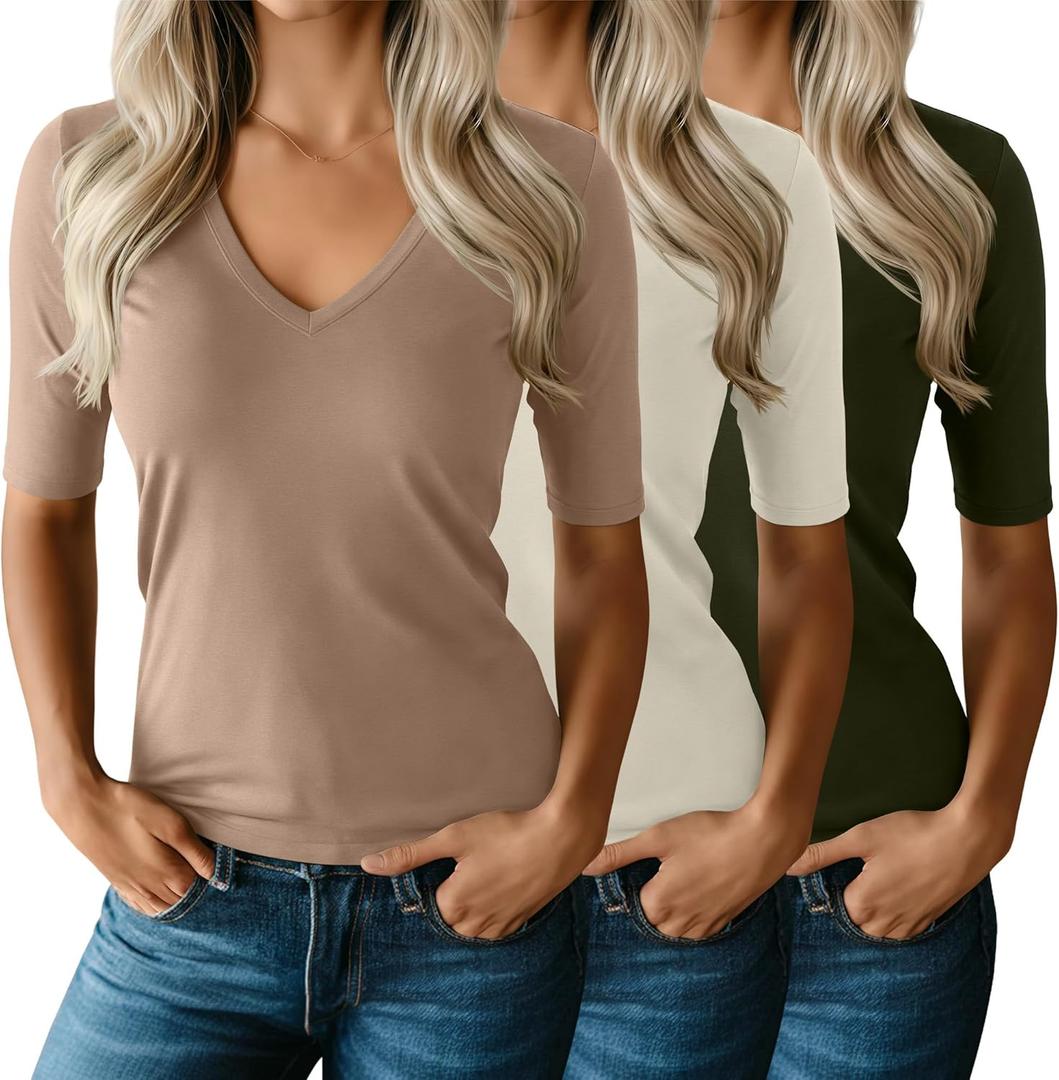 Ficerd 3 Pack Women's Half Sleeve V Neck T Shirts, Mid Elbow Length Sleeve Shirt Slim Fit Tunic Top Casual Summer Tee (X-Large, Khaki, Cream, Army Green)