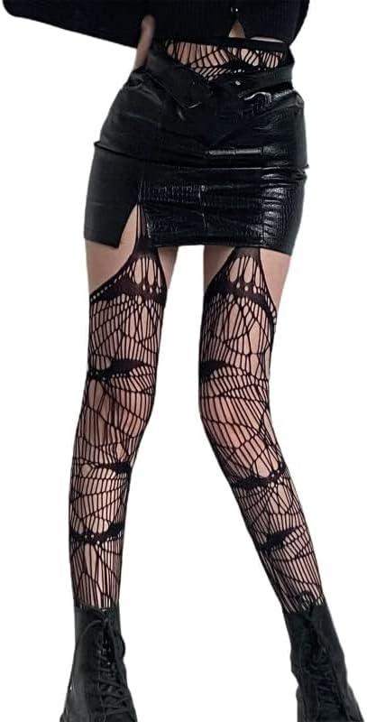 Halloween Spider Web Gothic Stockings, Women's Fishing Net Stockings, Halter Pantyhose, Bat Spider Web High Socks, Striped Mesh Stockings (Black)