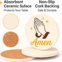 Amen Christian Religious Coasters Set of 4 Absorbent Ceramic Drink Coasters with Non-Slip Cork Base Prayer Hands Faith Blessing Bible Verse Decor for Coffee Table Church Gift