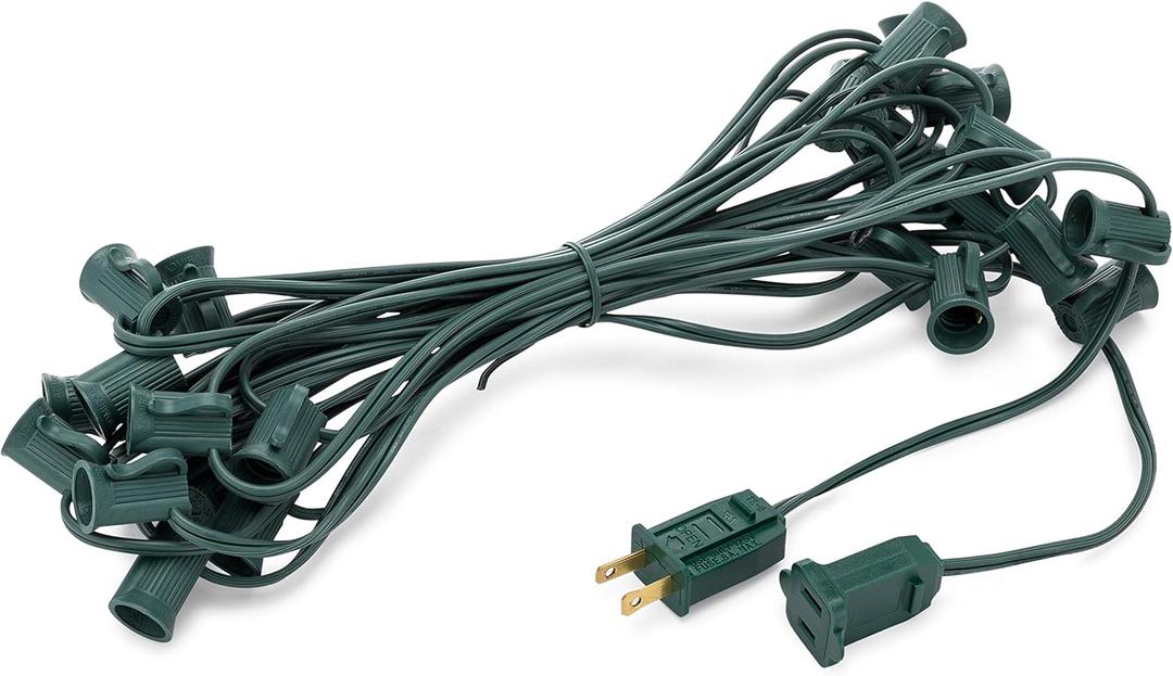 HLO Lighting C7 Light Strings | 25' Green Cord with 12" Socket Spacing, E12 Christmas Light Stringer