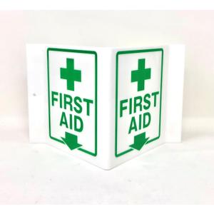 9" Width x 6" Height x 4" Depth Acrylic, Green on White Standard FIRST AID "V" Sign