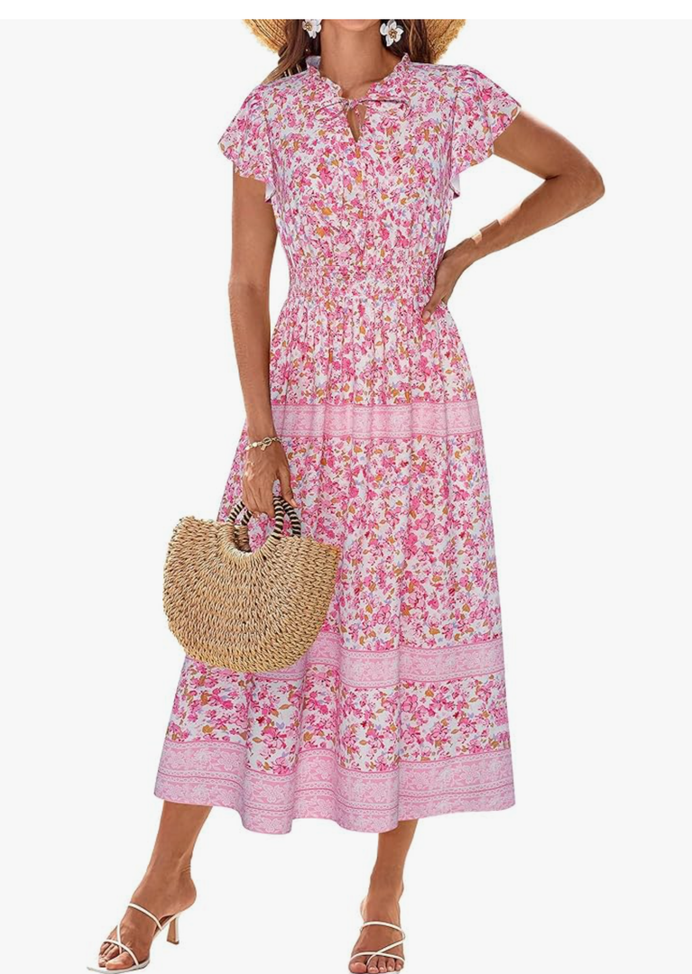 GRACE KARIN Women's Floral Boho Dress Hawaiian Dresse Short Sleeve V Neck Summer Beach Wedding Guest Swing Maxi Sundress, L