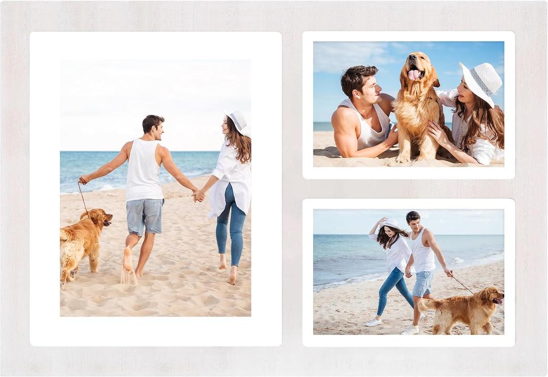 Collage Picture Frame for 8x10 and 2 5x7 Pictures Display,3 Opening Family Photo Frames with Tempered Glass Wall Decor(Rustic White_1 Pack), 11.4x16.5in