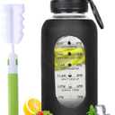 40oz Glass Water Bottle with Handle Lid Time Marker Motivational Sport Water Jug with Silicone Sleeve Water Flask Canteen Wide Mouth Water Bottle for Gym Workout Travel Office Home Everyday Hydration