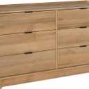 Prepac Simply Modern 6-Drawer Double Dresser for Bedroom, Chest of Drawers, Modern Bedroom Furniture, 52.5 Wide x 16 deep x 29.5 Tall, Oak