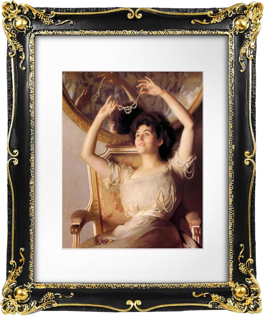 SIMON'S SHOP 11x14 Picture Frame Matted to 8x10 Photo, Vintage Black Picture Frames 11x14 with Mat, Baroque Style Wall and Tabletop Display Poster Frames
