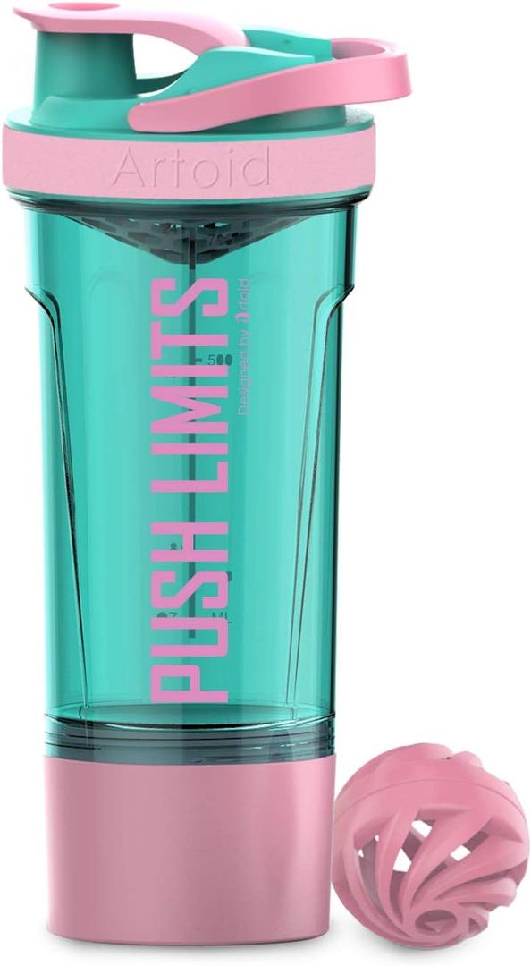 Artoid Mode Inspirational Fitness Workout Sports Protein Shaker Bottle 24-Ounce, Dual Mixing Technology with Shaker Balls & Mixing Grids Included, Twist and Lock Protein Box Storage Included (Cream Pink/Aqua Green)